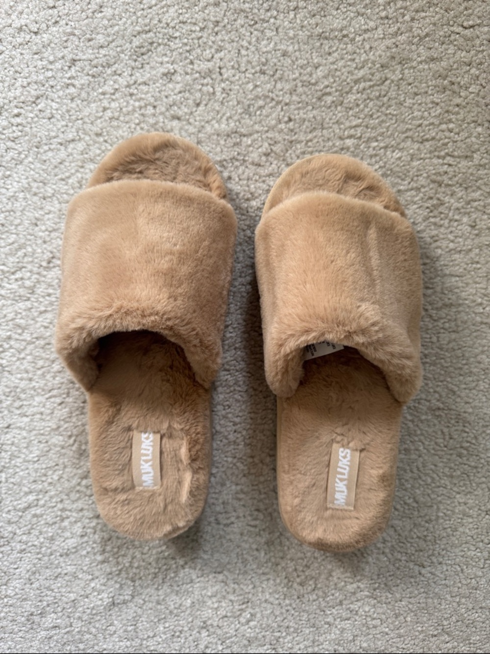 Muk Luks Plush Faux-Fur Slide Slippers in Camel